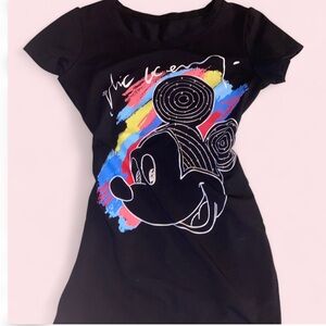 Black Graphic Disney Mickey Mouse T-Shirt Dress w/ Colorful Design + rhinestone